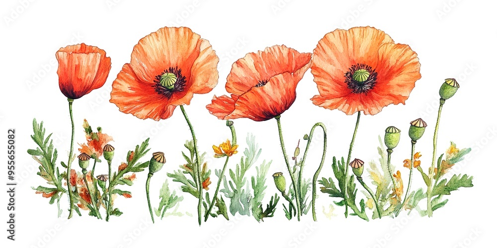 Obraz premium mit poppy kapseln drawing illustration season papaver flower mohnblumen graphic watercolor summer 