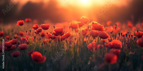 Wild red poppy flowers in the meadow at sunset in the evening.