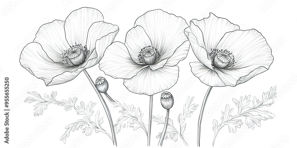 Poppy outline sketch drawing flower plant. Poppy outline sketch drawing flower plant.