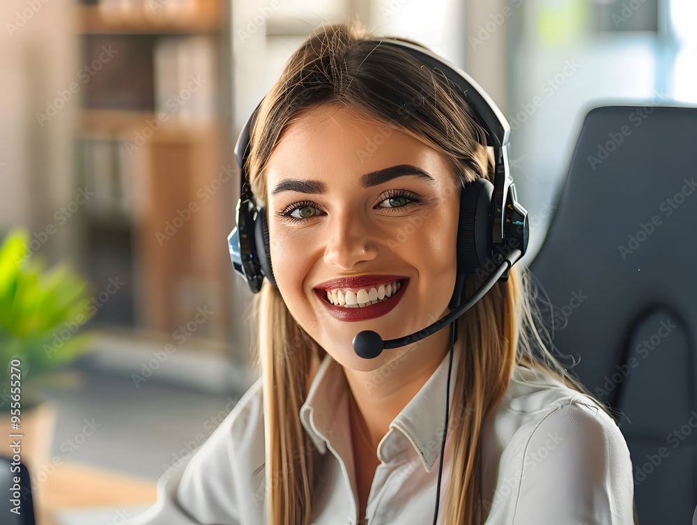 Professional female call center agent with headset smiling Professional female call center agent with headset smiling
