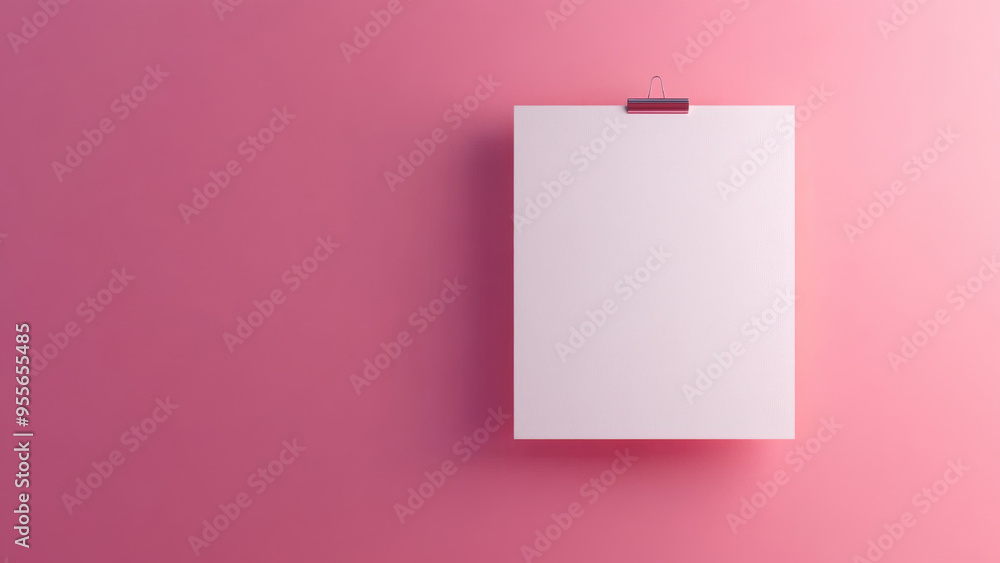 Blank paper sheet hanging on pink wall in sunlight Blank paper sheet hanging on pink wall in sunlight