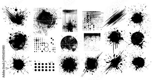grungy design elements collection. vector vintage paint, splash, stains, brush paint, liquid ink black spots for design. grainy, dirty, spray, stain, splash, messy, grimy, exploding spots set isolated
