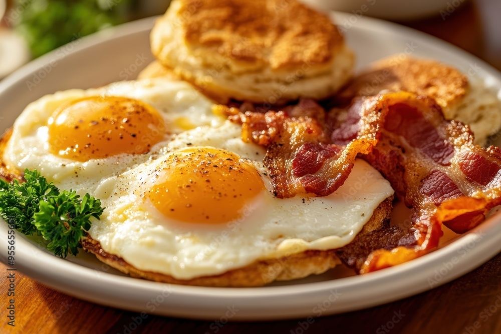 Breakfast Plate with Sunny-Side Up Eggs and Crispy Bacon. Generative AI. Breakfast Plate with Sunny-Side Up Eggs and Crispy Bacon. Generative AI.