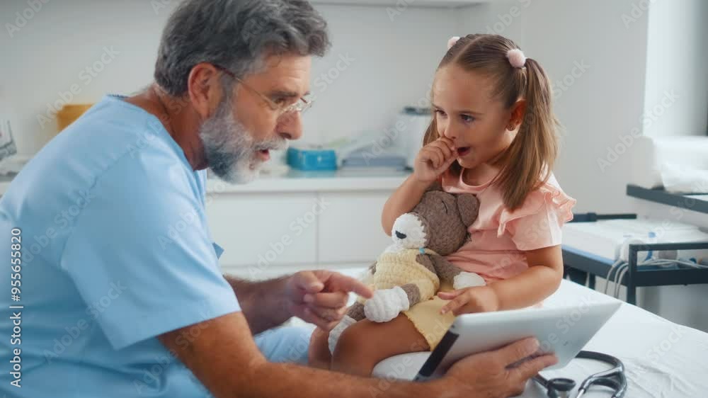 Elderly male medical worker using tablet during a checkup with little girl child patient, smiling and watching together screen on a digital tablet Elderly male medical worker using tablet during a checkup with little girl child patient, smiling and watching together screen on a digital tablet