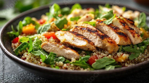 promote a protein-packed meal idea with grilled chicken, quinoa, and mixed greens in a vibrant presentation