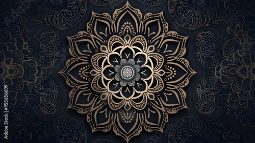 Intricate black and gold mandala design on a dark background. Ornate illustration for wallpaper, poster, or spiritual design
