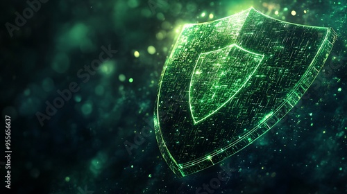 Illuminated Green Cyber Security Shield Concept on Dark Background for Digital Protection and Cybersecurity