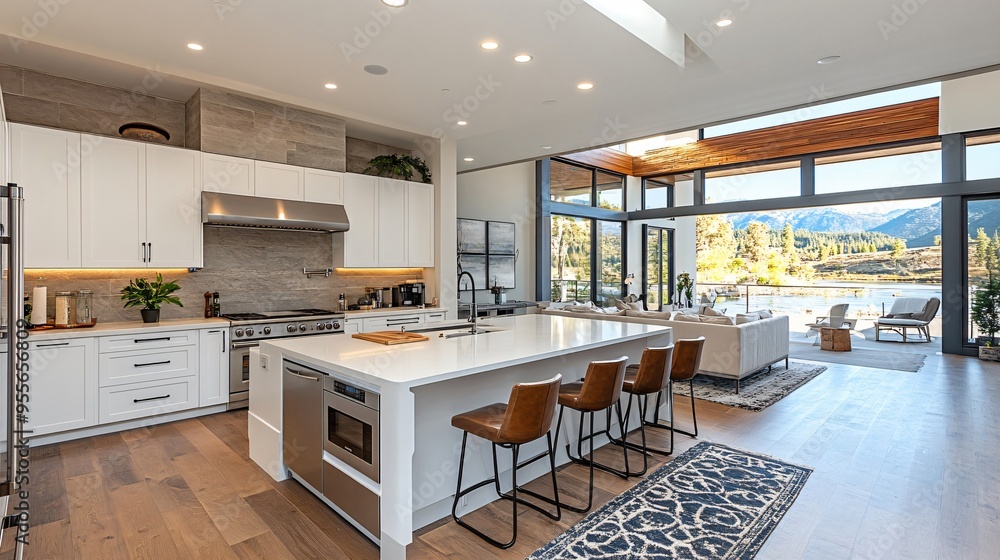 Modern open plan kitchen opening onto lake view living room Modern open plan kitchen opening onto lake view living room