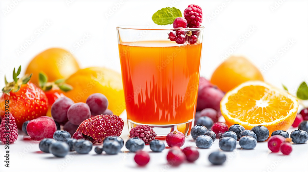 A Picture of a Glass of fresh multivitamin fruit Juice surrounded by juicy Fruits and Berries, on a white Background. A Picture of a Glass of fresh multivitamin fruit Juice surrounded by juicy Fruits and Berries, on a white Background.