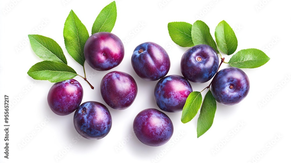 A collection of fresh purple plums with green leaves on a white background. A collection of fresh purple plums with green leaves on a white background.