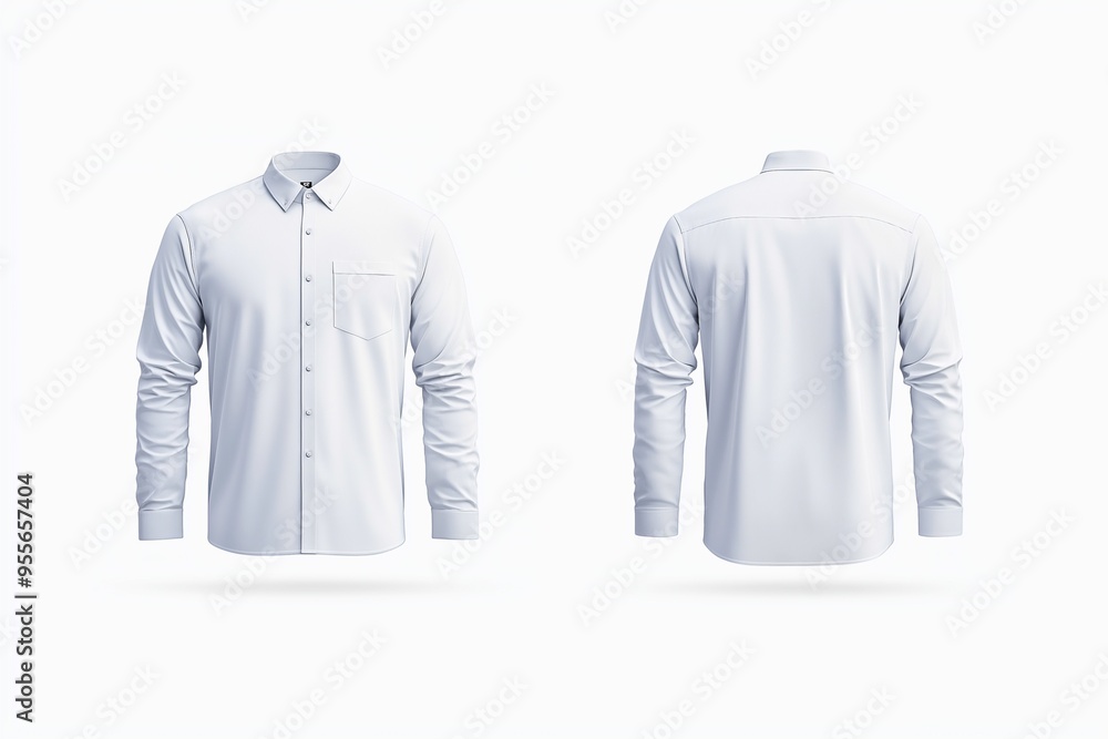 A classic white long-sleeve dress shirt shown from both the front and back views on a clean, white background. A classic white long-sleeve dress shirt shown from both the front and back views on a clean, white background.