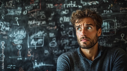 Perplexed Businessman Analyzing Complex Equations on Blackboard in Brainstorming Session photo