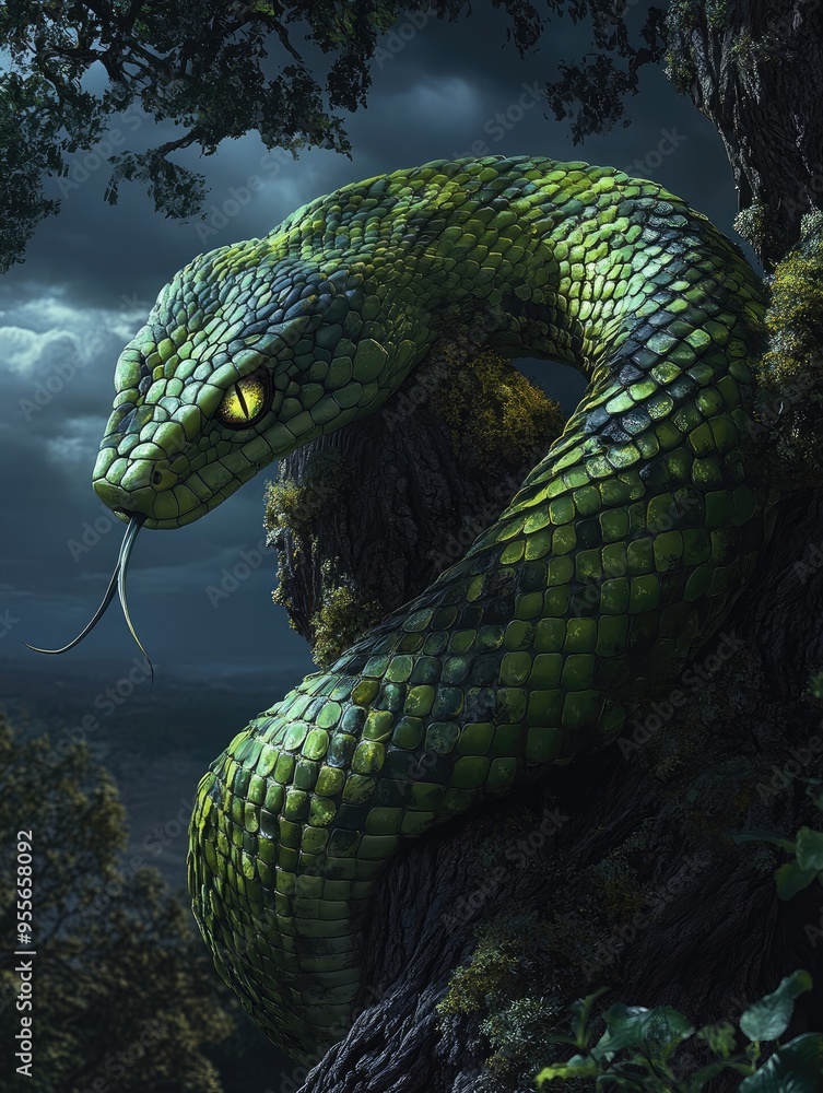 Majestic green snake coiled on tree branch in lush forest setting Majestic green snake coiled on tree branch in lush forest setting