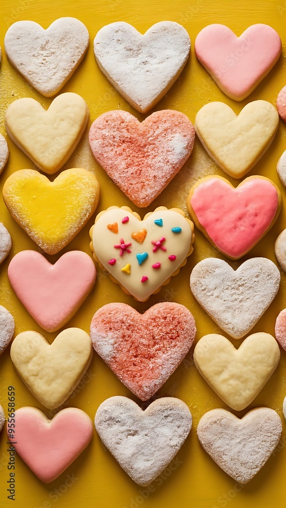 Obraz premium Tasty heart shaped cookies on yellow background