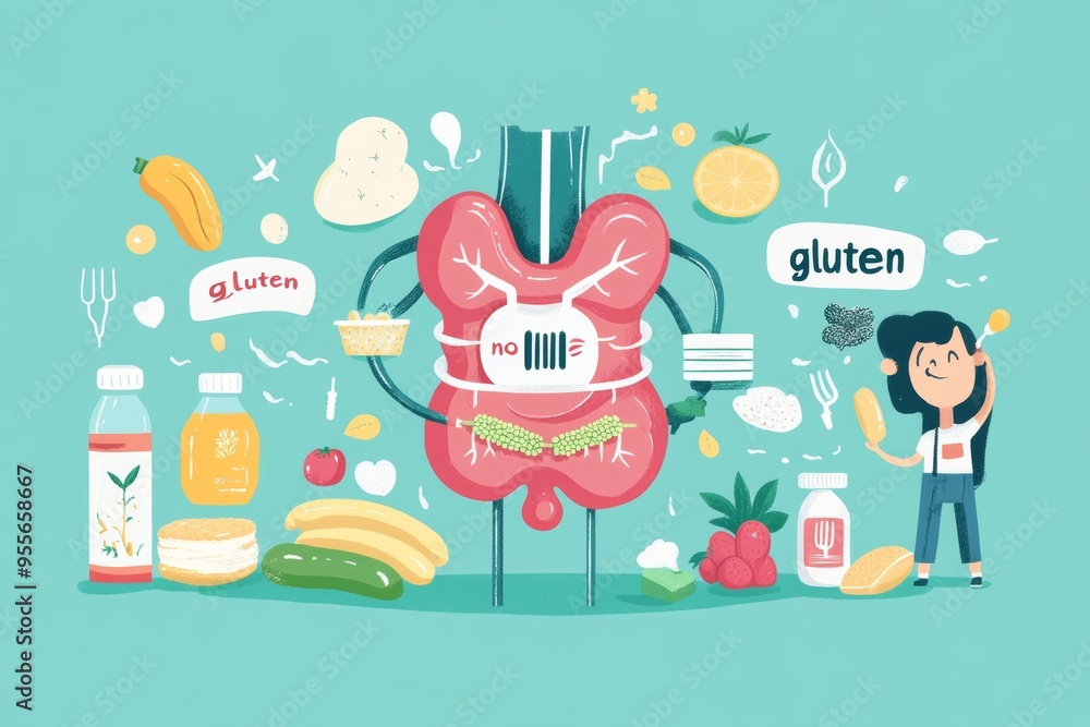 Flat illustration of a stylized infographic explaining celiac disease ...