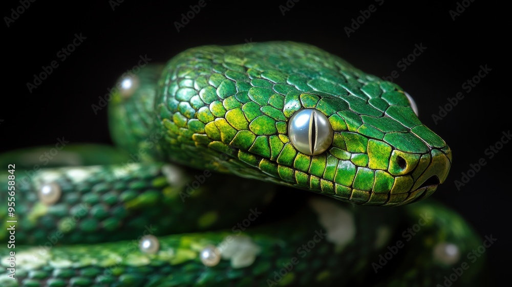 Green wooden snake with intricate design and pearlescent eyes, capturing attention. Green wooden snake with intricate design and pearlescent eyes, capturing attention.
