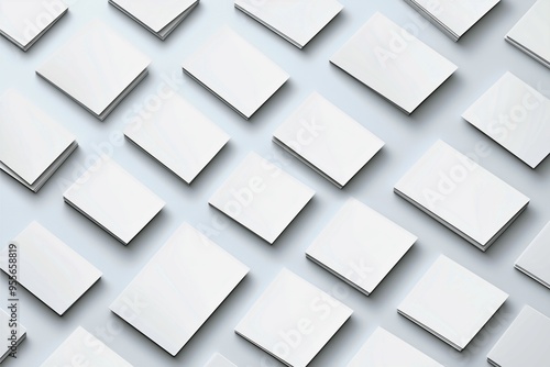 A neatly arranged pattern of blank white square booklets spread across a light background, creating a minimalist and modern visual. 