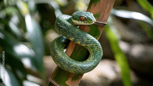 Serpent wrapped around bamboo, blending into greenery. photo