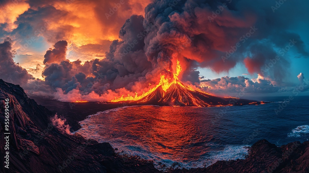 Fiery Sunset Over Volcanic Island: Spectacular View of Glowing Lava and Smoke-Filled Sky Fiery Sunset Over Volcanic Island: Spectacular View of Glowing Lava and Smoke-Filled Sky