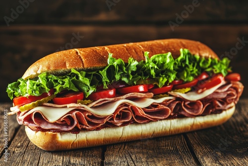 delicious hoagie sandwich loaded with fresh ingredients like lettuce, tomatoes, and meats, served on a rustic wooden table, showcasing the vibrant and appetizing look of the sandwich photo