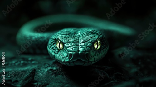 Mystical green wooden snake with glowing eyes, creating a sense of mystery. photo