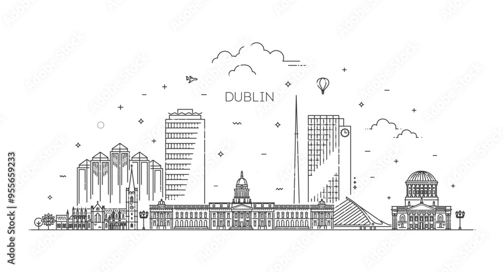 Fototapeta premium City of Dublin, Ireland architecture line skyline illustration