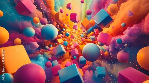 Bursting Geometric Shapes: Spirals, Cubes, and Spheres in Vibrant Explosion Against Gradient Background