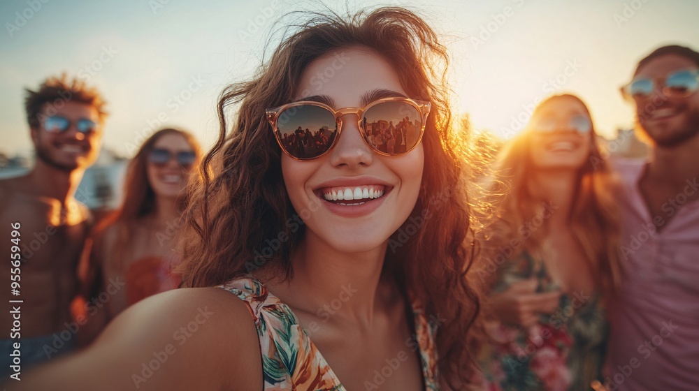 Urban Sunset Selfie: Friends at Rooftop Party with Cityscape Background - Modern Social Gathering Urban Sunset Selfie: Friends at Rooftop Party with Cityscape Background - Modern Social Gathering