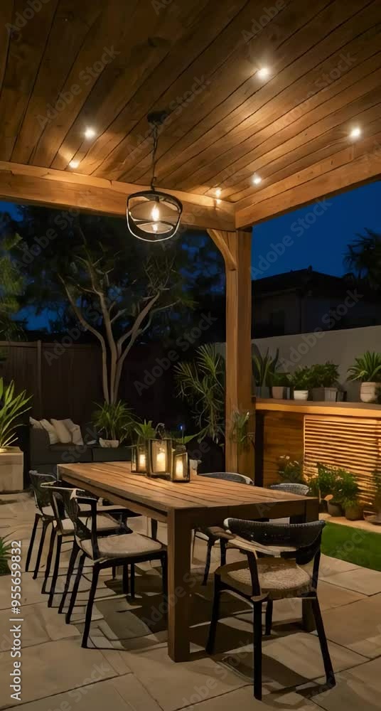 a casual back yard lunge area with a close up of the outdoor dining table at night with warm lighting a casual back yard lunge area with a close up of the outdoor dining table at night with warm lighting