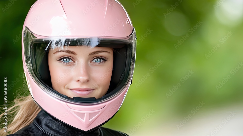 A woman wears a pink motorcycle helmet, smiles and gazes to the side at a ski resort, her hair blowing in the wind as the sun shines brightly around her A woman wears a pink motorcycle helmet, smiles and gazes to the side at a ski resort, her hair blowing in the wind as the sun shines brightly around her
