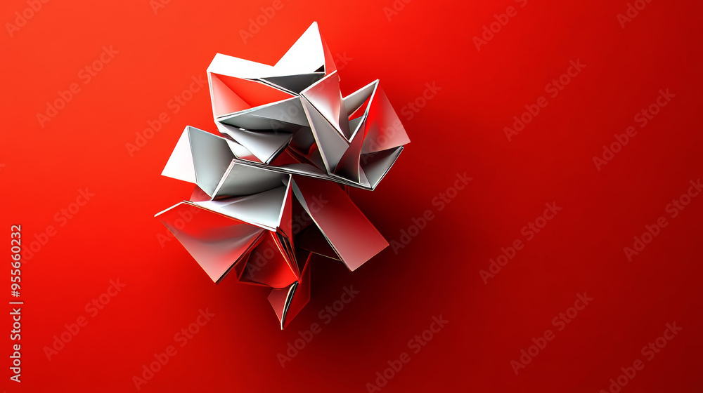 This design features an abstract 3D shape set against a striking red background. The shape is characterized by smooth curves, sharp angles, or complex geometrical patterns, giving it a dynamic and mod This design features an abstract 3D shape set against a striking red background. The shape is characterized by smooth curves, sharp angles, or complex geometrical patterns, giving it a dynamic and mod