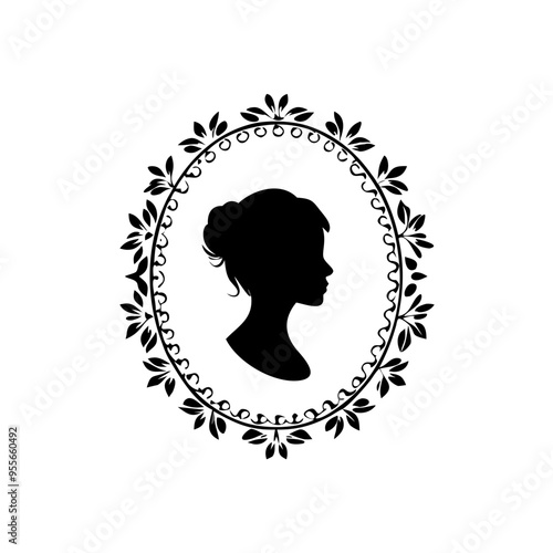 Woman face with a white small earring silhouette in an oval floral frame. Lady profile with retro hairstyle, 