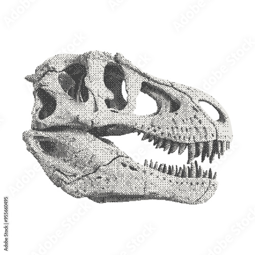 Monochrome dinosaur skull profile. Halftone collage element in retro bitmap style for scrapbook, poster art or t-shirt. Cutout dotted sticker with grain texture.