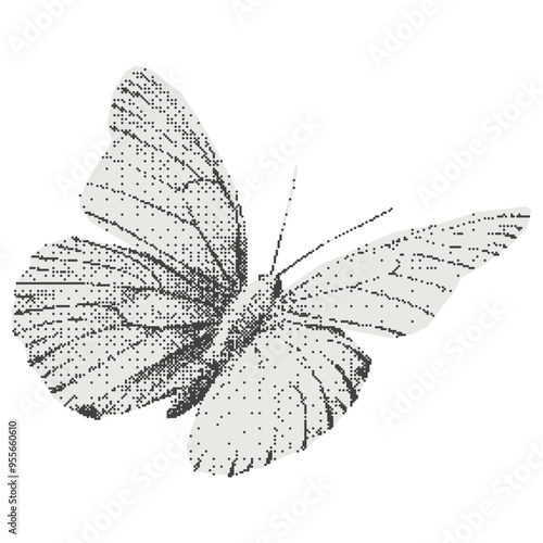 Vintage monochrome butterfly. Collage with a girly aesthetic. Retro bitmap scrapbooking style with cutout element. Trendy sticker for poster art or t-shirt with photocopy dotted effect.