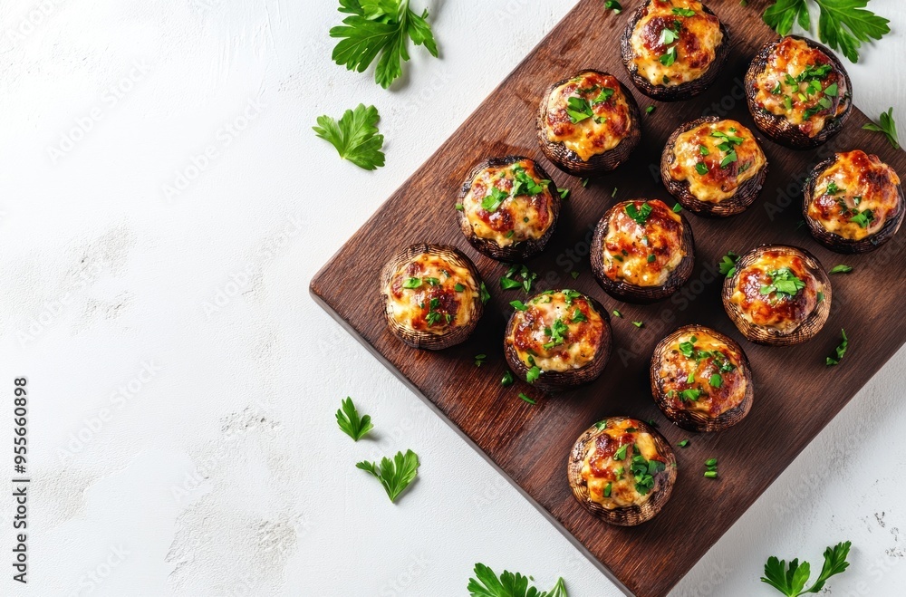 Stuffed Mushrooms Appetizer on a Wooden Board Stuffed Mushrooms Appetizer on a Wooden Board