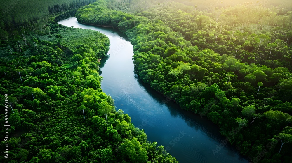 A river with a green forest on either side - generative AI A river with a green forest on either side - generative AI