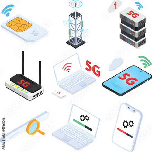 5G Technology and Connectivity Isometric Vector Set
