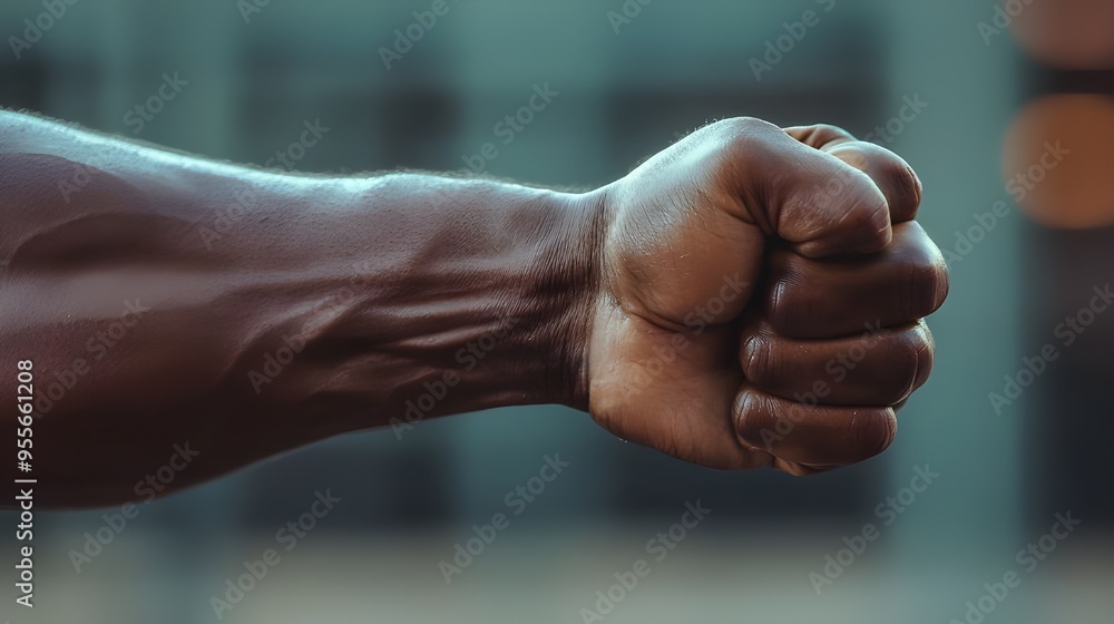 Fototapeta premium A side view of an arm with a clenched fist, the bicep bulging as the muscle is engaged.