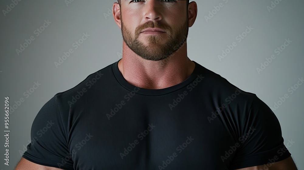 A muscular man poses confidently in a fitted black t-shirt, highlighting his strong physique and facial features, illuminated by soft studio lighting on a white backdrop. A muscular man poses confidently in a fitted black t-shirt, highlighting his strong physique and facial features, illuminated by soft studio lighting on a white backdrop.