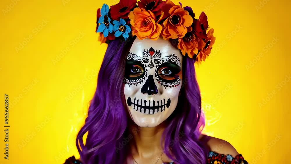 A woman with long purple hair and a gentle smile, her face decorated with intricate black and white skull makeup accented by vibrant colors, framed by a crown of red, orange, and blue flowers A woman with long purple hair and a gentle smile, her face decorated with intricate black and white skull makeup accented by vibrant colors, framed by a crown of red, orange, and blue flowers