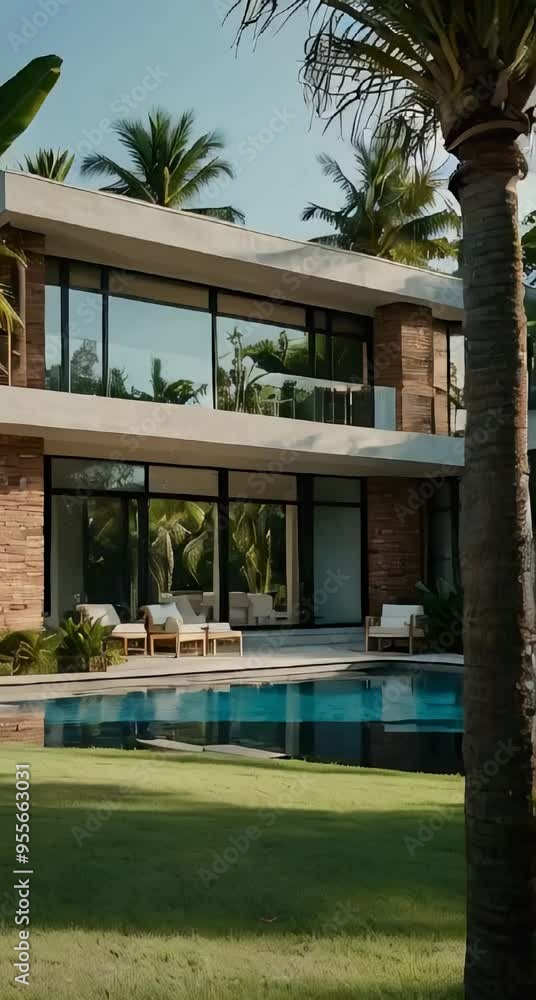 A modern brick house with large windows and a garden with many tropical palm trees and plants A modern brick house with large windows and a garden with many tropical palm trees and plants