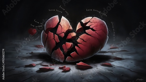 The heart breaks into pieces love turned into hatred dark background