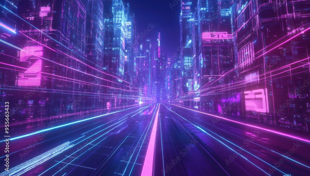 A futuristic cityscape with neon lights and holographic elements A futuristic cityscape with neon lights and holographic elements