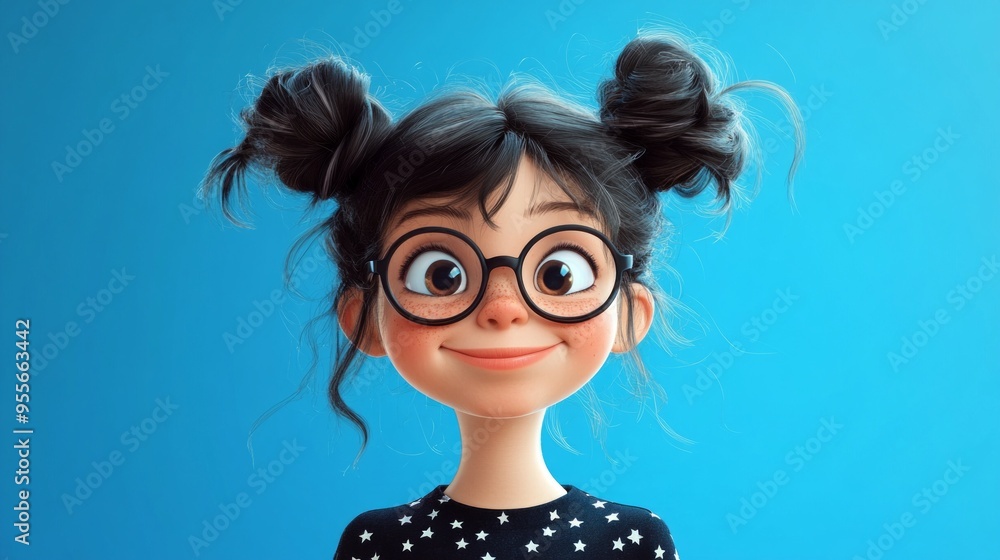 A cheerful young girl with stylish glasses and playful hair in a bright setting. This animated portrait captures joy and imagination. Perfect for children and creative themes. AI A cheerful young girl with stylish glasses and playful hair in a bright setting. This animated portrait captures joy and imagination. Perfect for children and creative themes. AI