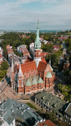 Aerial footage of a drone. Panoramic view of the city of Krakow. Catholic сhurch in Krakow. Krakow Poland 