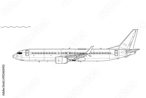 Boeing 737-900 Next Generation. Vector drawing of narrow-body passenger jet airliner. Side view. Image for illustration and infographics.