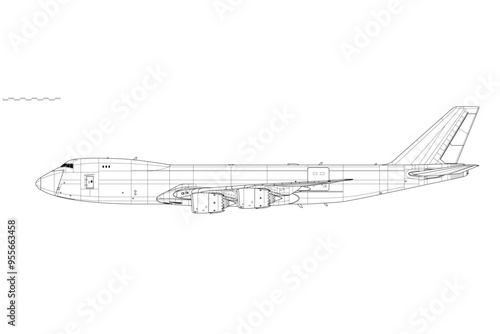 Boeing 747-8 Freighter. Vector drawing of long-range cargo jet aircraft. Side view. Image for illustration and infographics. photo