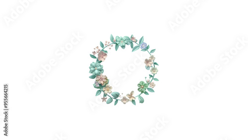 Floral wreath with pastel green and pink flowers on transparent background