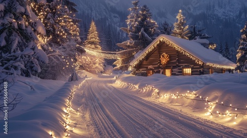 Cozy Snow-Covered Cabin with Festive Christmas Lights in a Winter Wonderland Forest