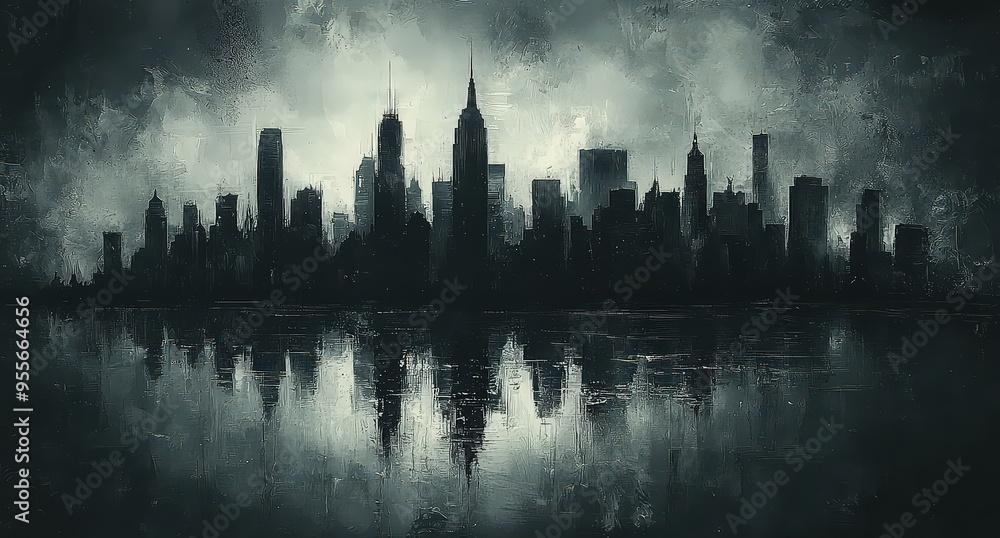 a black and white painting of the city skyline, a minimalist painting, on antique paper with grunge edges a black and white painting of the city skyline, a minimalist painting, on antique paper with grunge edges